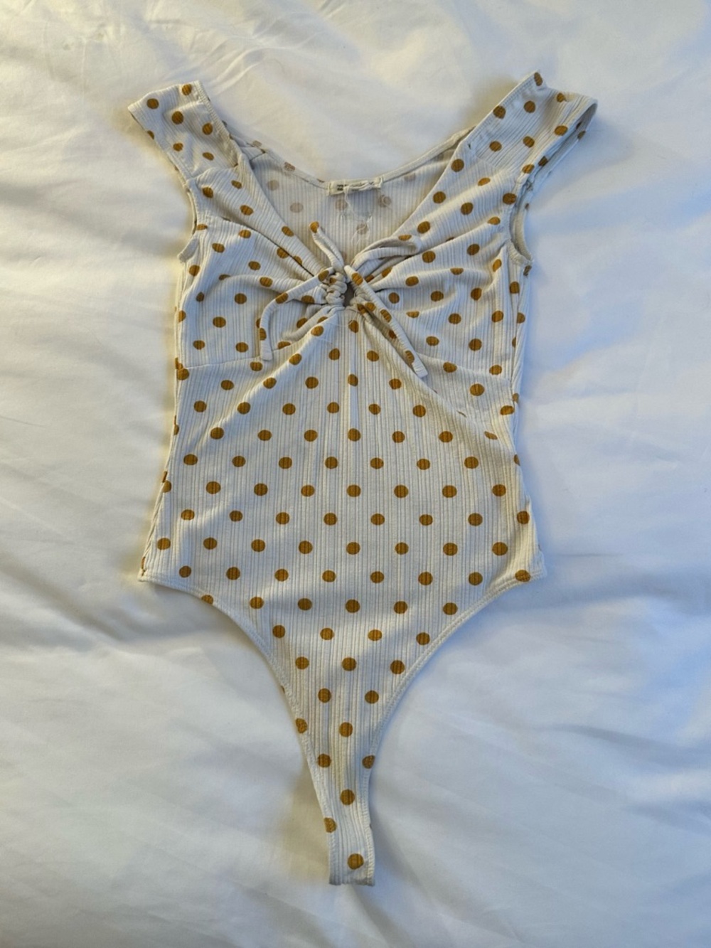 Billabong Off-Shoulder Tie-Front Polka Dot Bodysuit - White with Gold Dots